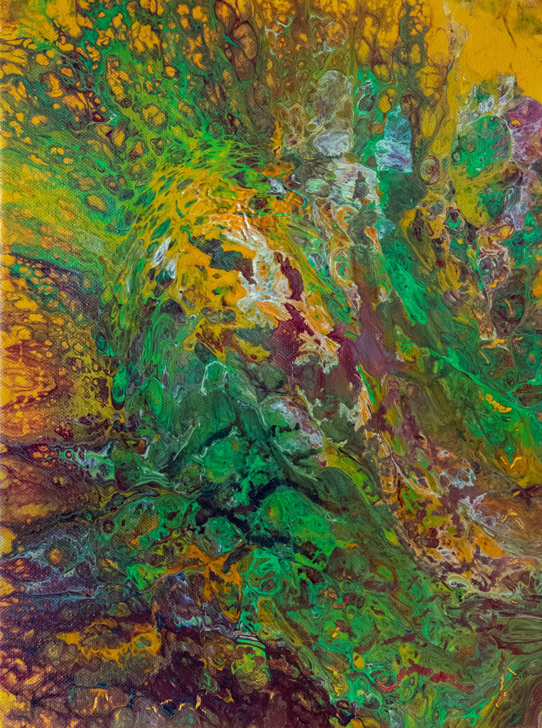 Acrylpouring - fließende Farben mit einzelnen Zellen gelb mit dunkelrot, kräftigem gelb und leuchtendem grün