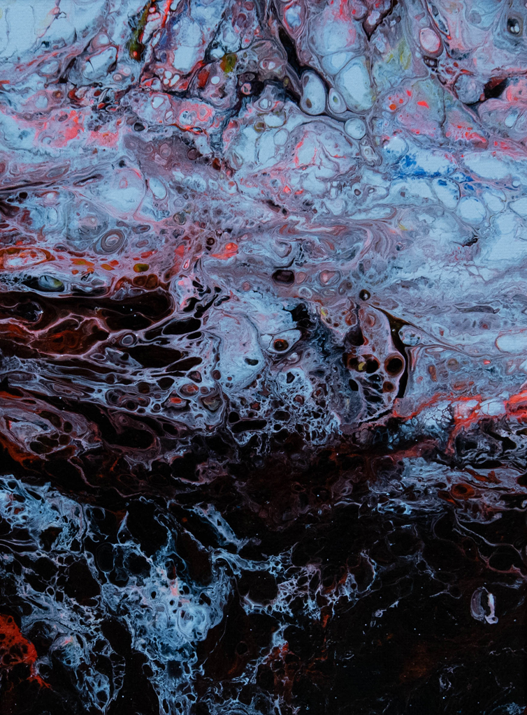 Acrylpouring - fließende Farben mit einzelnen Zellen schwarz mit weiß neonrot