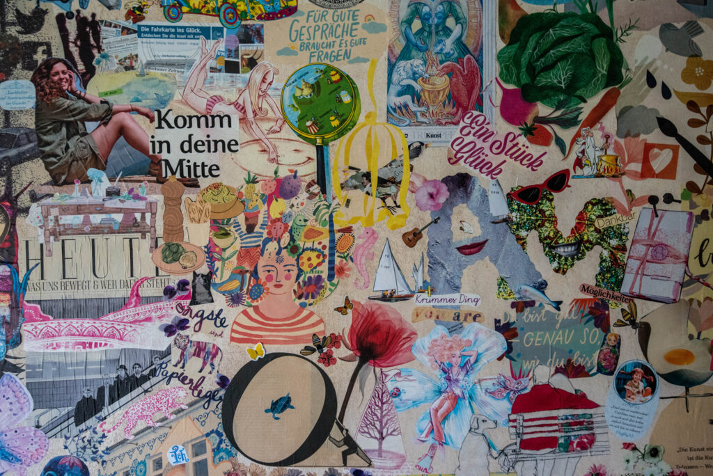 Auszug von einer Papier-Collage auf Zimmerwand aus dem FLOW-Magazin