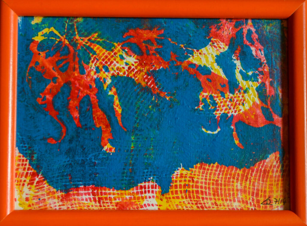 Bild mit Drucktechnik auf Gelatineplatte in blau mit orange rot in orangem Rahmen