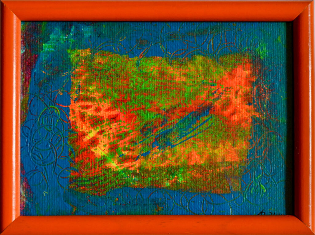 Bild mit Drucktechnik auf Gelatineplatte in blau mit orange grün in orangem Rahmen