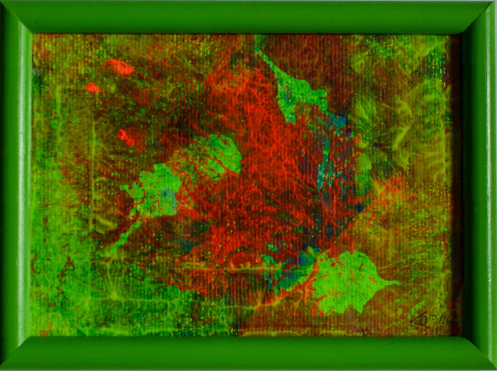 Bild mit Drucktechnik auf Gelatineplatte in Grüntönen mit rot in grünem Rahmen