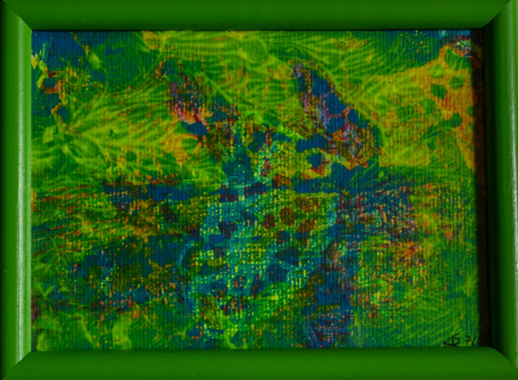 Bild mit Drucktechnik auf Gelatineplatte in Grüntönen mit blau in grünem Rahmen