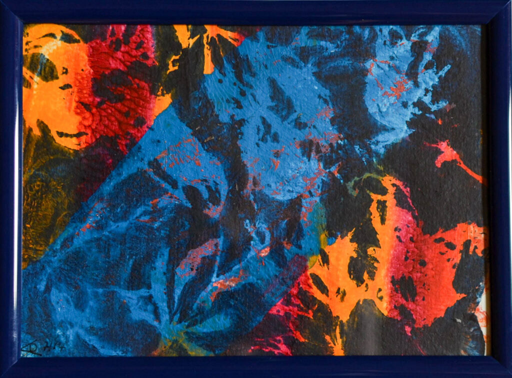 Bild mit Drucktechnik auf Gelatineplatte in Blautönen mit rot orange in dunkelblauem Rahmen