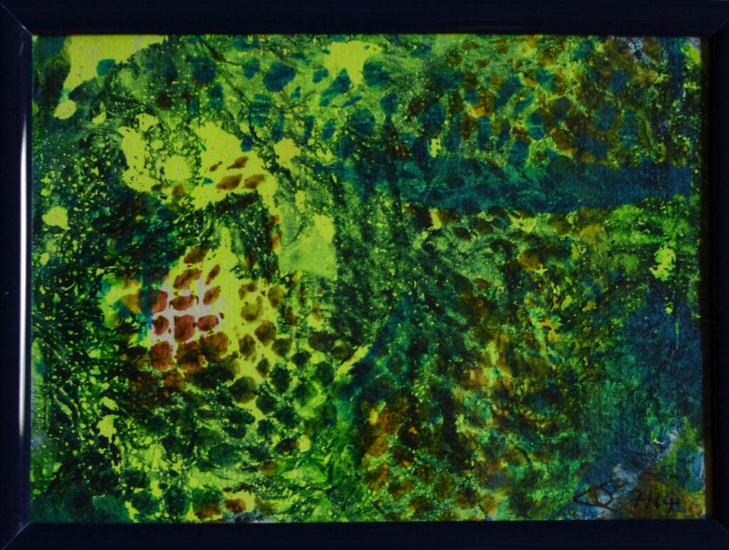 Bild mit Drucktechnik auf Gelatineplatte in dunkelblau grün in blauem Rahmen