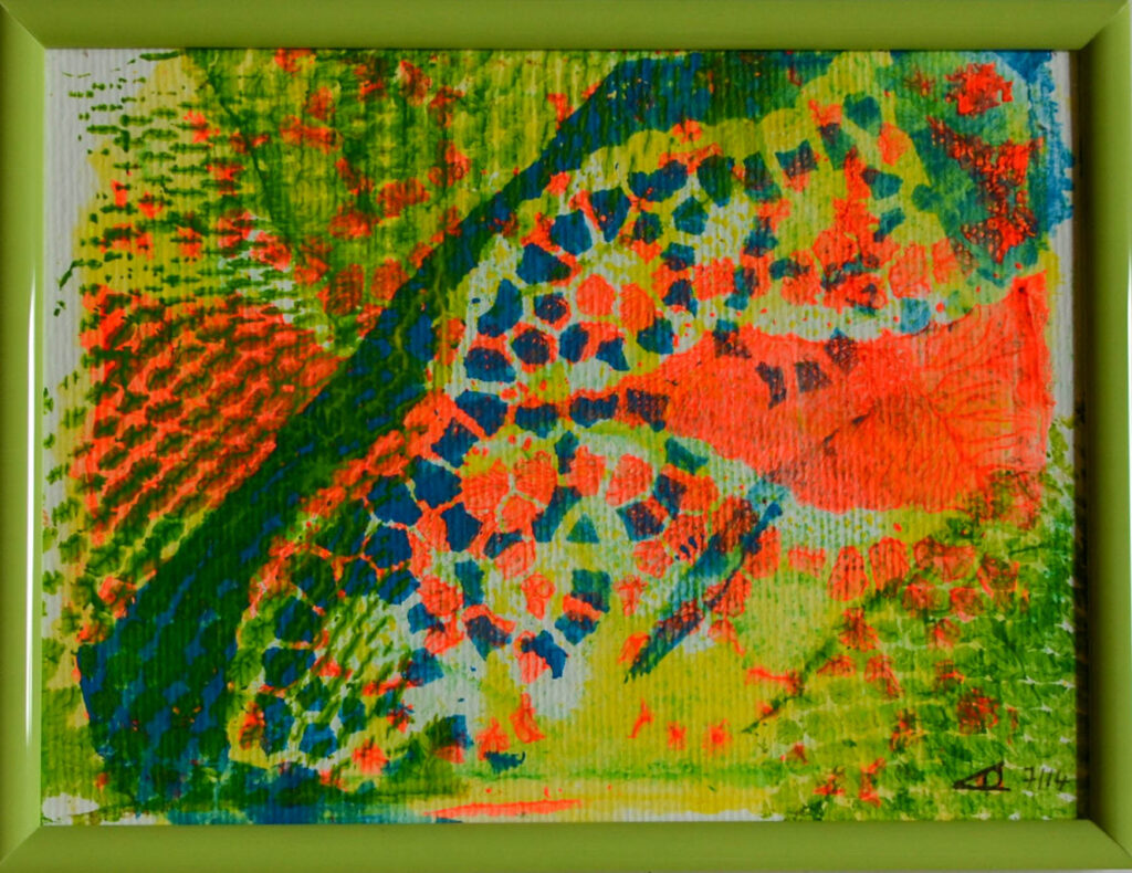 Bild mit Drucktechnik auf Gelatineplatte in hellem grün mit gelb orange in hellgrünem Rahmen