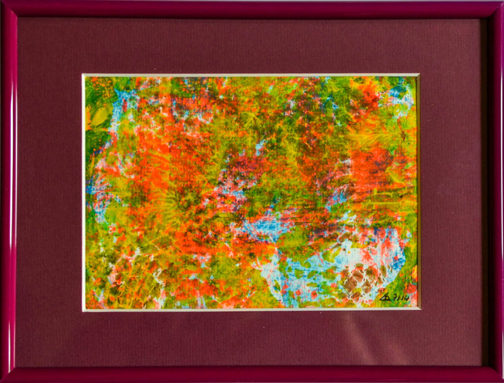 Bild mit Drucktechnik auf Gelatineplatte mit hellen Farben in bordeauxfarbenem Rahmen