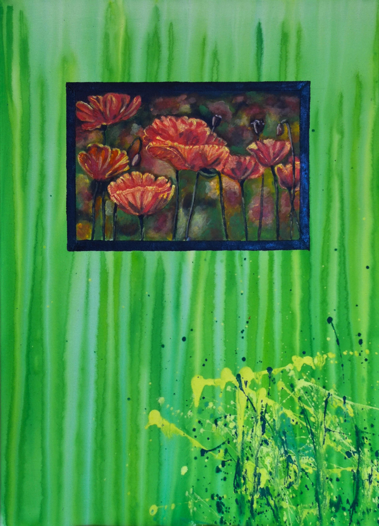 Acryl auf Leinwand aus der Reihe der Elemente. Dieses Bild trägt den Namen Erde und ist mit einem Mohnfeld im Fenster gemalt. Der Hintergrund ist leuchtend mit grüner Fließtechnik gemalt.