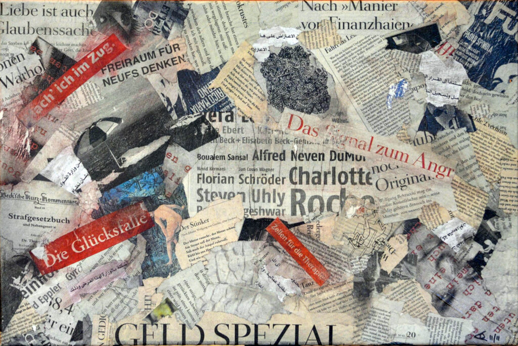 Papier-Collage auf Leinwand mit Schnipseln zum Thema Geld von Tageszeitung DIE ZEIT"