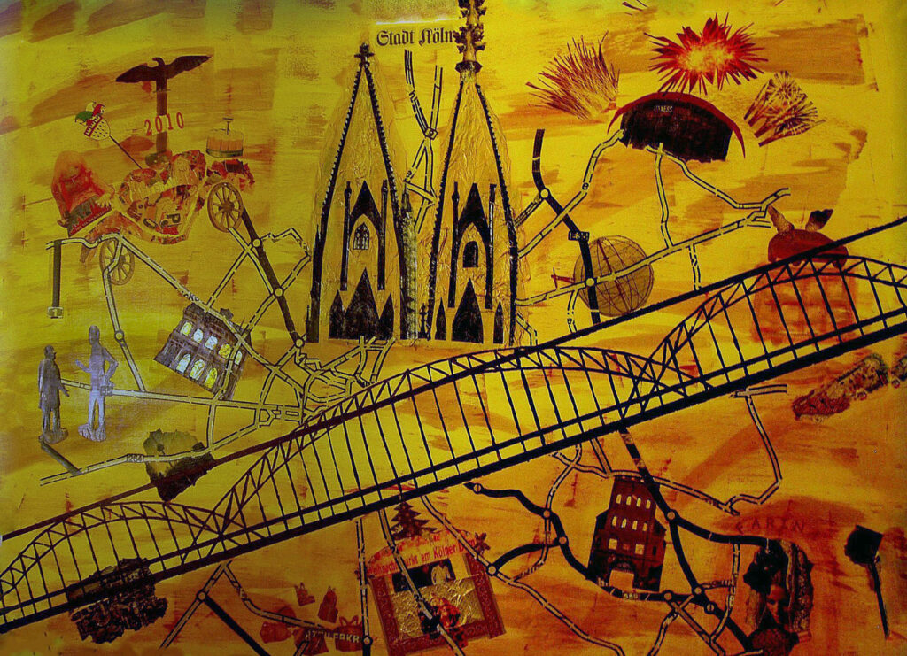 Collage auf großer Leinwand von Köln mit gelbem Hintergrund