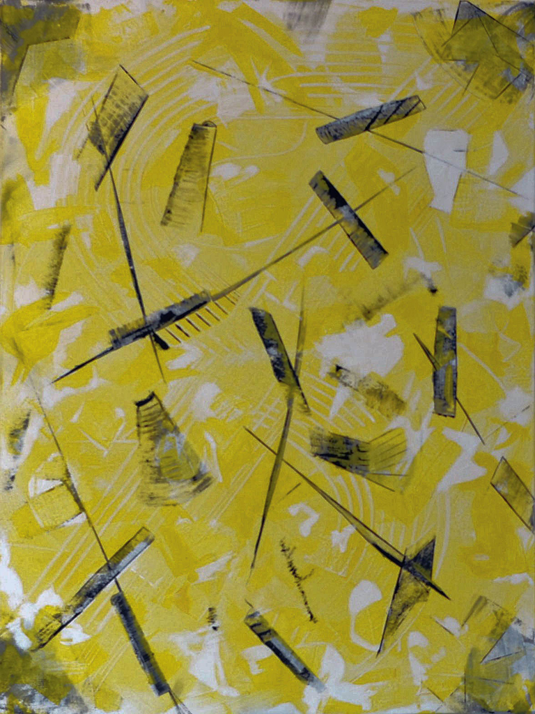 Acryl mit Spachteltechnik auf Leinwand in den Farben gelb, weiß, schwarz in abstrakter Weise