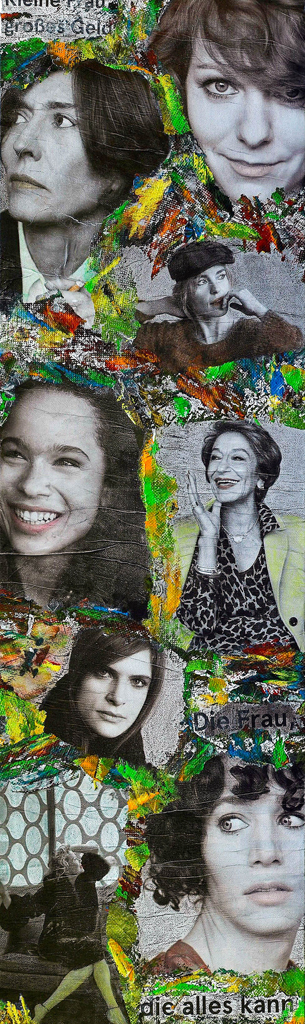 Papier-Collage von starken Frauen aus dem Filmgeschäft in schwarz-weiß mit bunten Stellen dazwischen