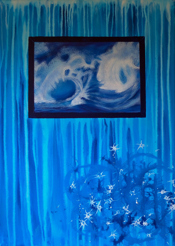 Acryl auf Leinwand in Blautönen, Hintergrund gestreift und Bildausschnitt mit einer großen Welle