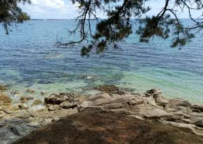 Strandfoto mit Steinen, Kiefer reinragend und blauem Meer in Bot Conan in Fouesnant