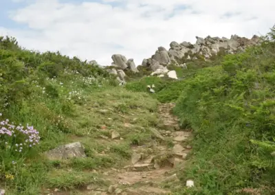 Ausblick nach oben Wanderweg mit unebenen Steinen zum Pointe de Primel