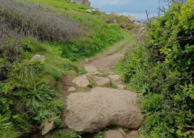 Küstenpfad mit Ausblick auf Steinformation Pointe de Primel in Le Debin Bretagne