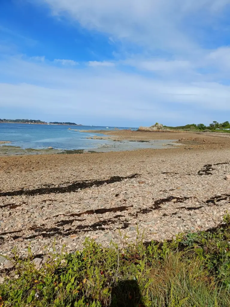 Steinfeld mit Blick aufs Meer bei Sonnenschein in Ploubazlanec