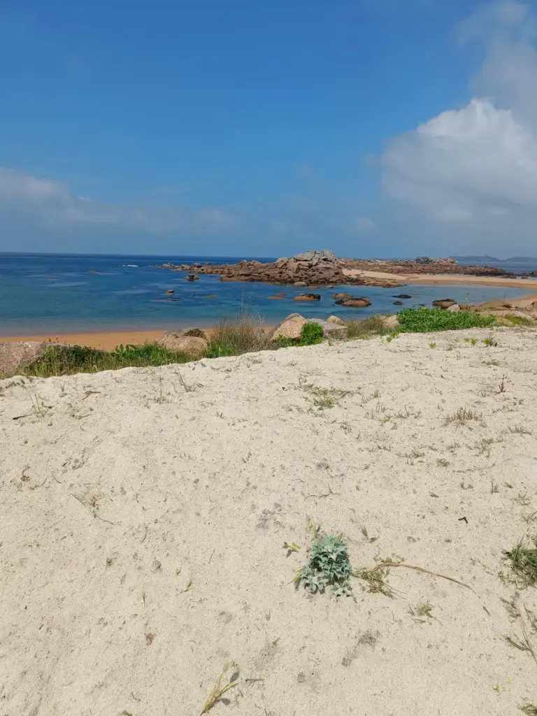 im Vordergrund weißer Sandstrand mit blauem Meer und Felsenküste Ploumanac’h
